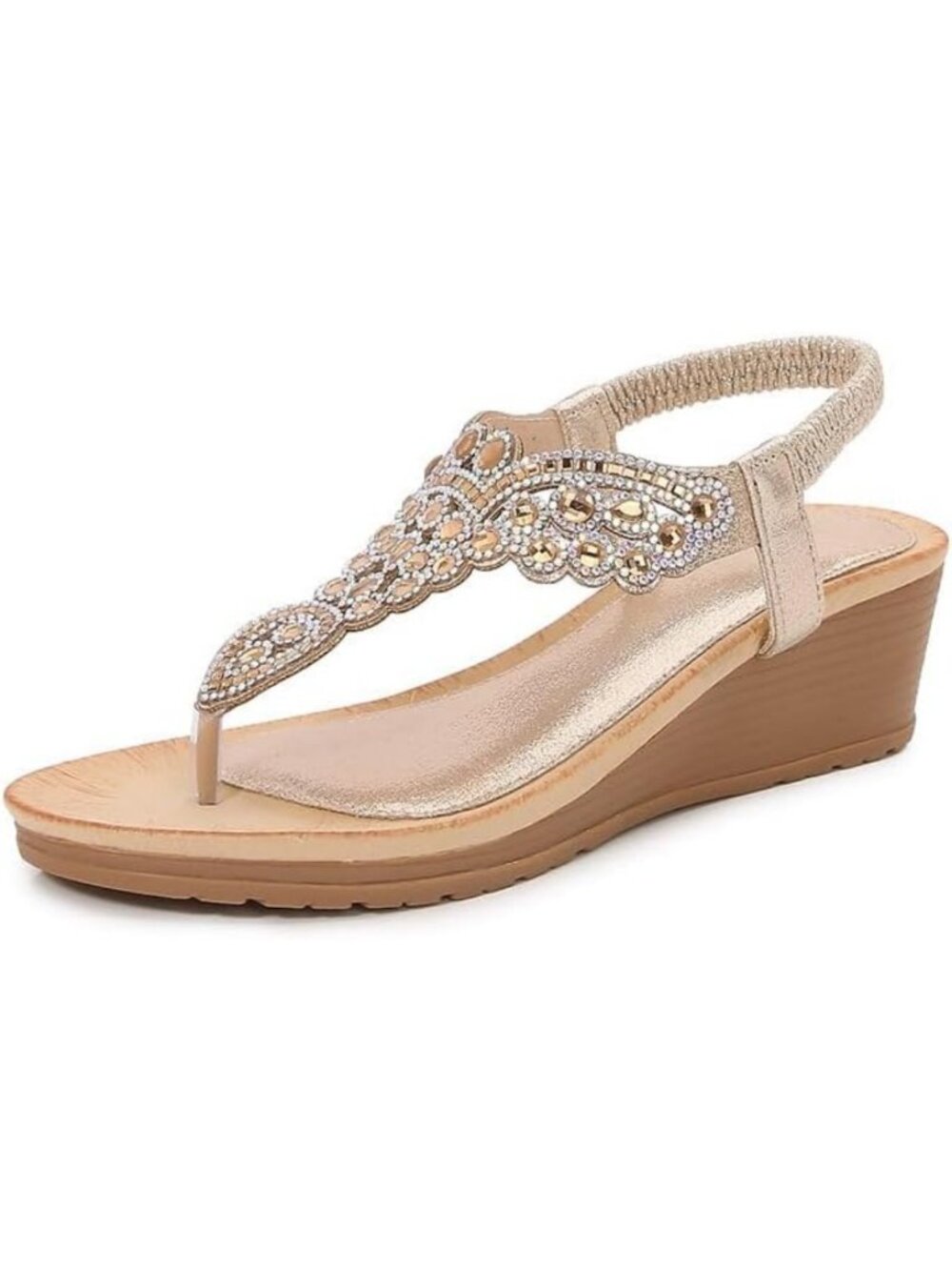 Women's Summer Wedge Sandals - Boho Rhinestone Thong Heels for Beach Vacations